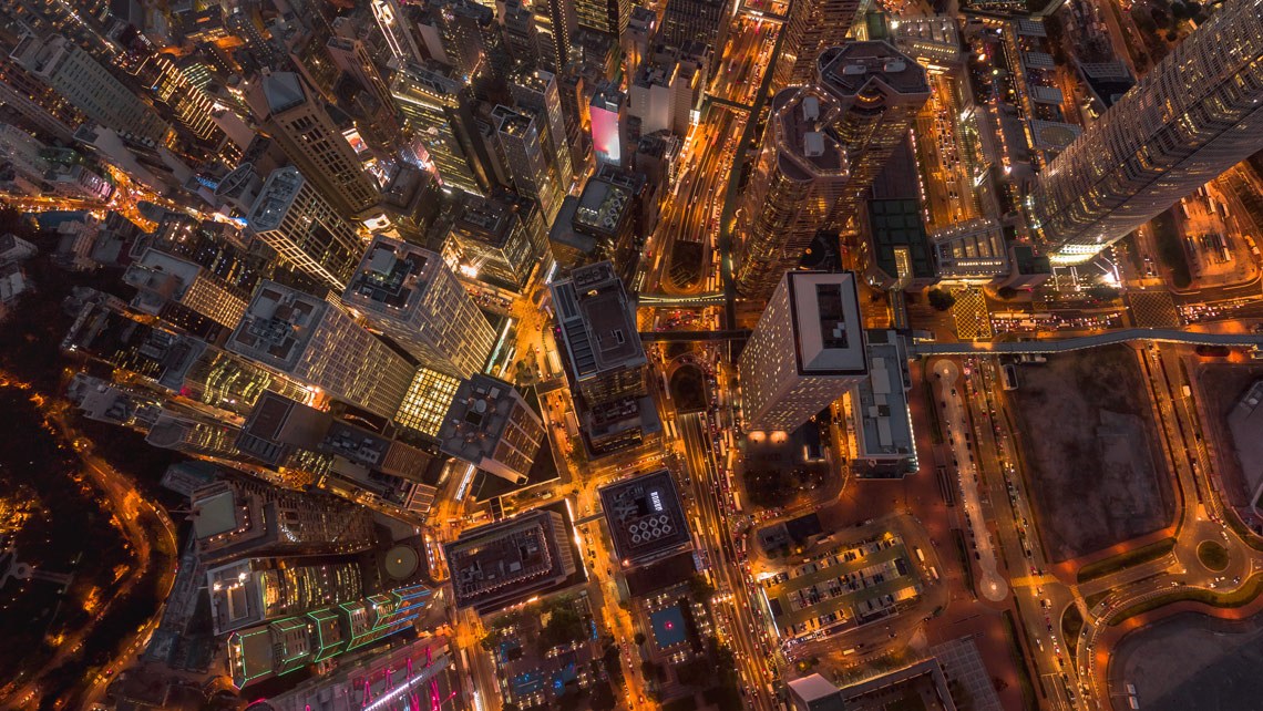 Aerial view of Hong Kong at night.