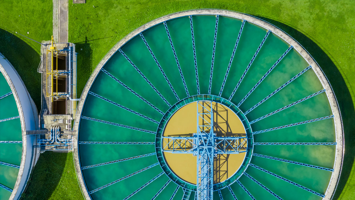 An aerial top view on a water treatment plant.