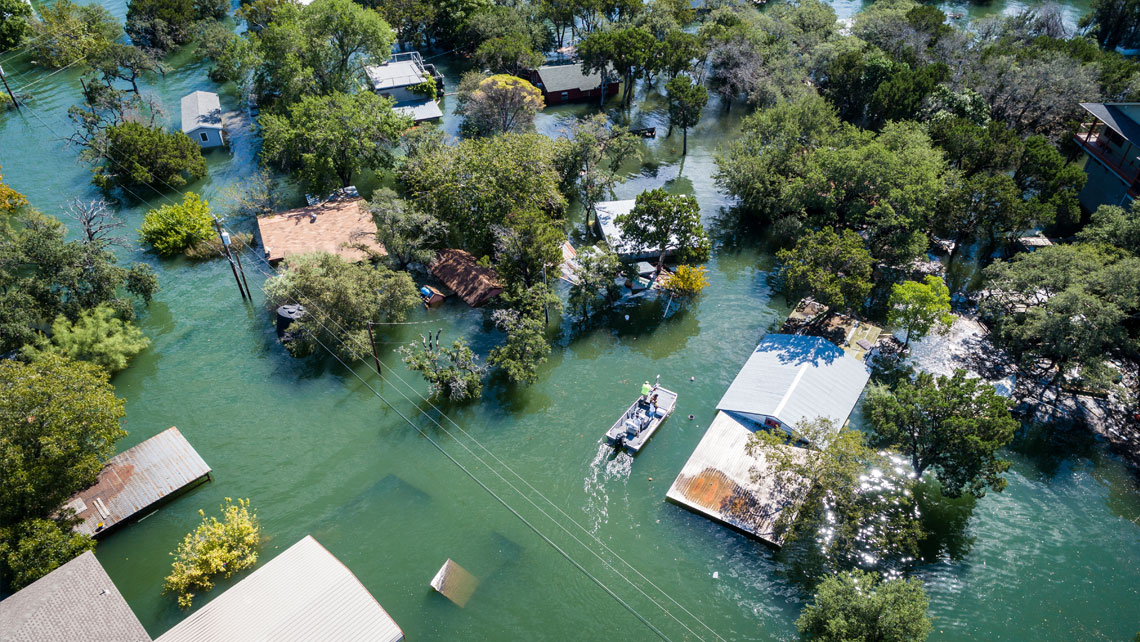 An aerial image on the flooded area on a residential district.