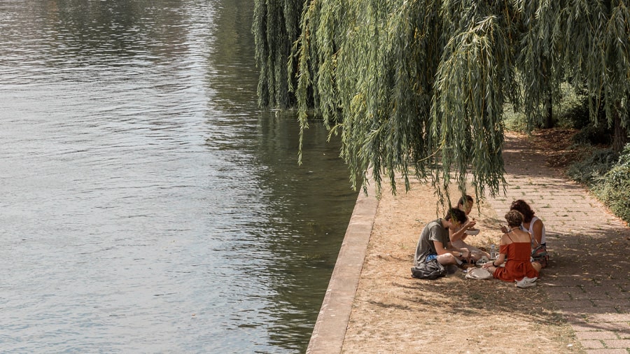 People enjoying picnic on a river bank