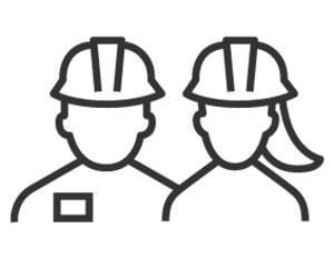 Icon featuring two persons wearing helmets.