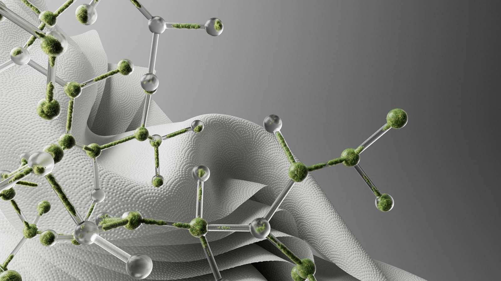 A molecular structure made up of green, spherical nodes connected by transparent rods, resembling atoms and bonds. In the background a textured, abstract white fabric-like surface that contrasts with the intricate molecular design.