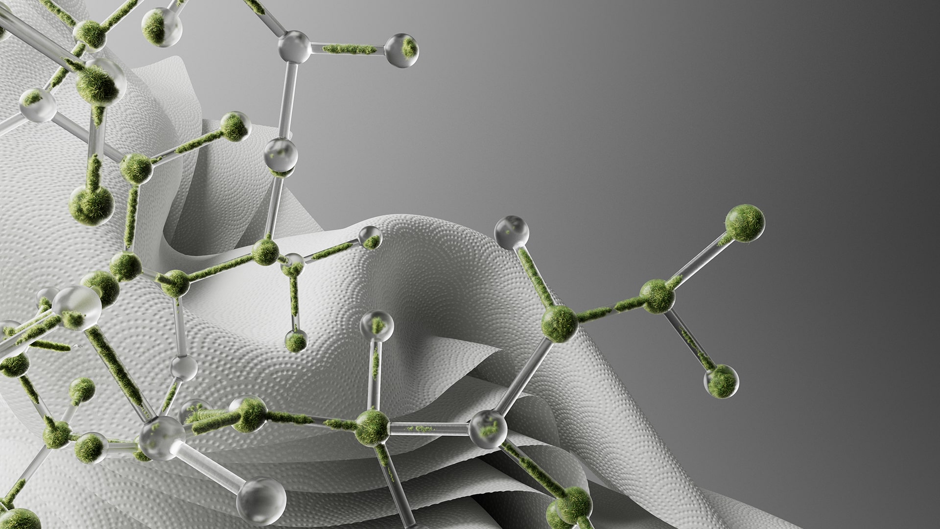 A molecular structure made up of green, spherical nodes connected by transparent rods, resembling atoms and bonds. In the background a textured, abstract white fabric-like surface that contrasts with the intricate molecular design.