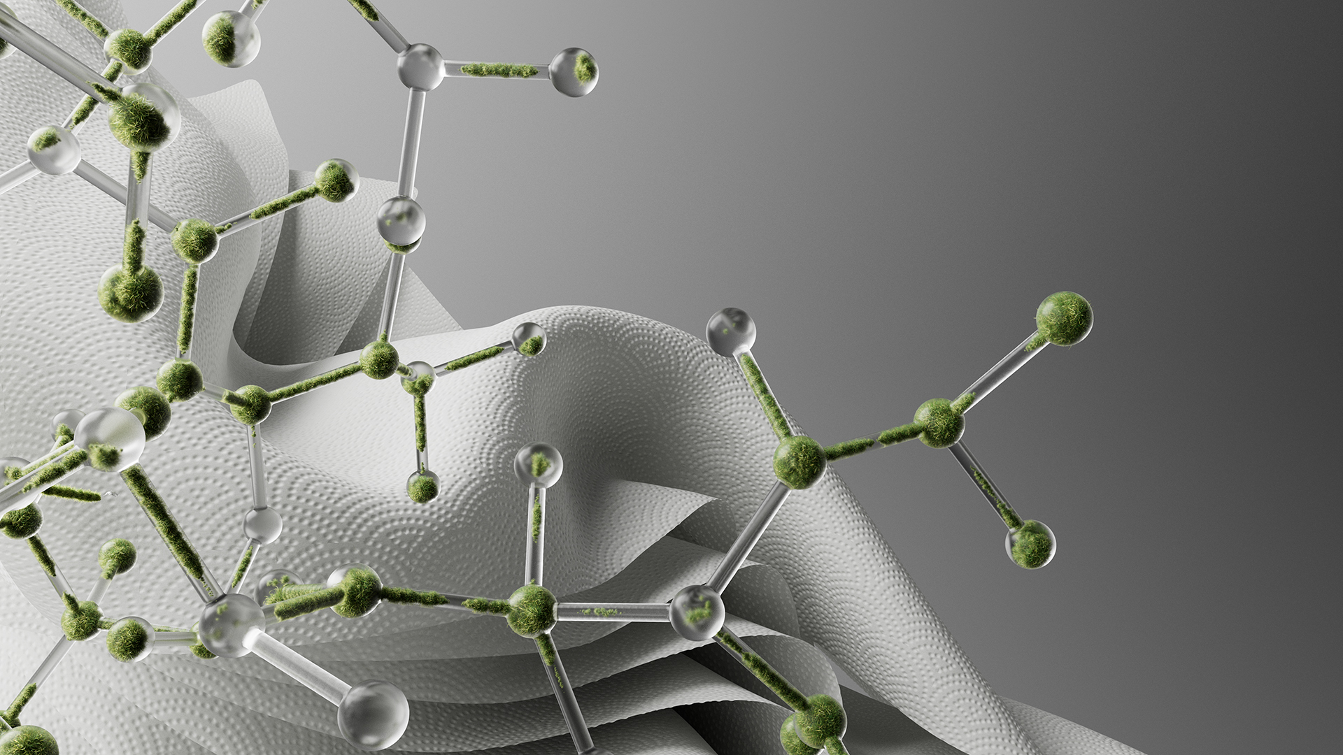 A molecular structure made up of green, spherical nodes connected by transparent rods, resembling atoms and bonds. In the background a textured, abstract white fabric-like surface that contrasts with the intricate molecular design.