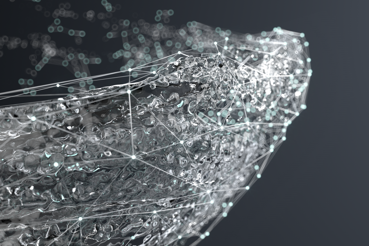 Digital mesh with nodes, representing molecular or chemical structures.