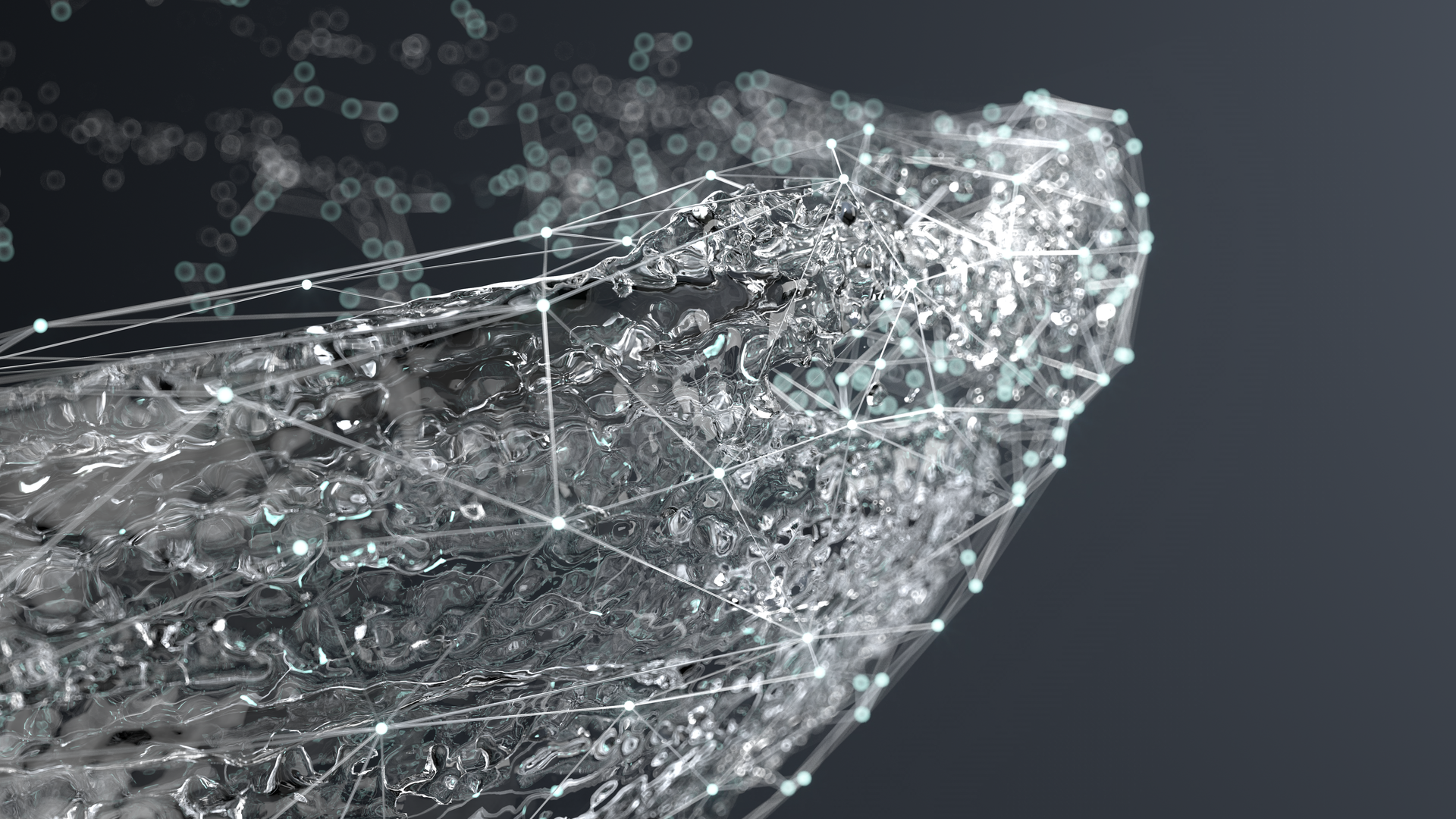 Digital mesh with nodes, representing molecular or chemical structures.