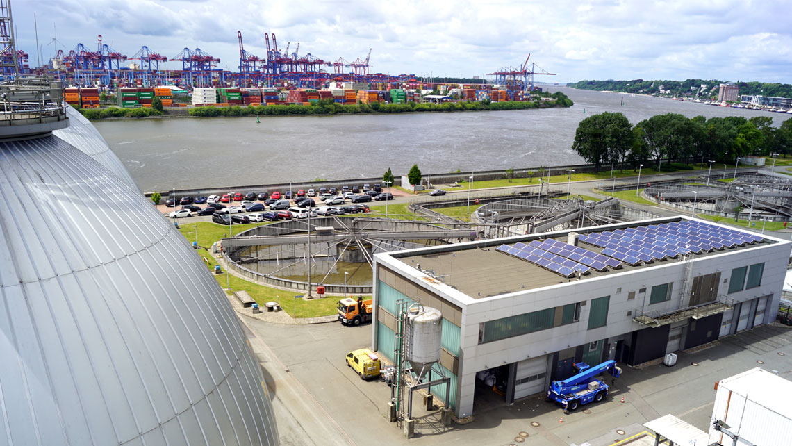 Aerial view of Hamburg wastewater treatment plant with round water bassins