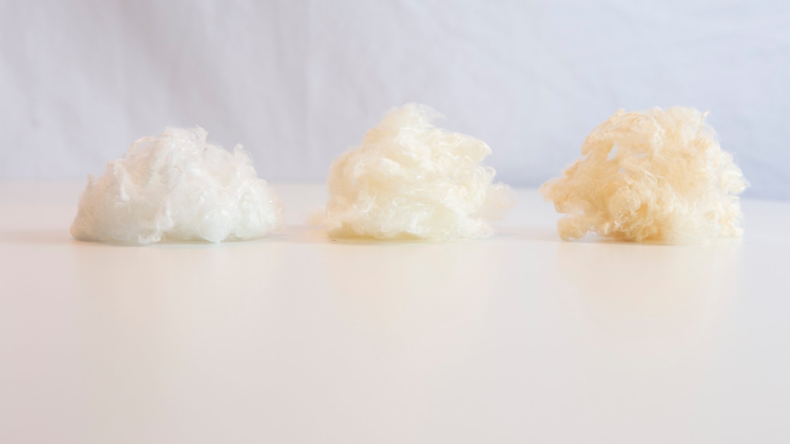 Three piles of soft fiber material in white and cream shades arranged on a light surface, showcasing texture and color variations.