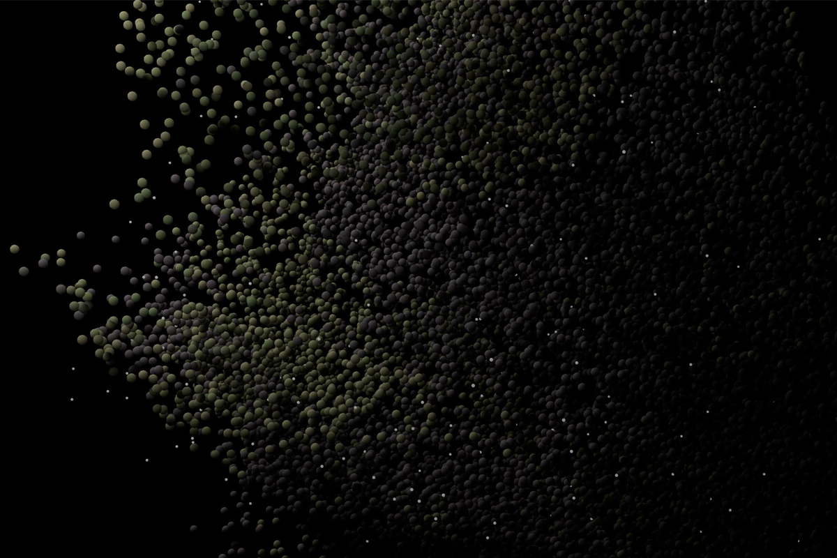 Abstract cluster of green spheres on a dark background, creating a 3D effect with light and shadow.