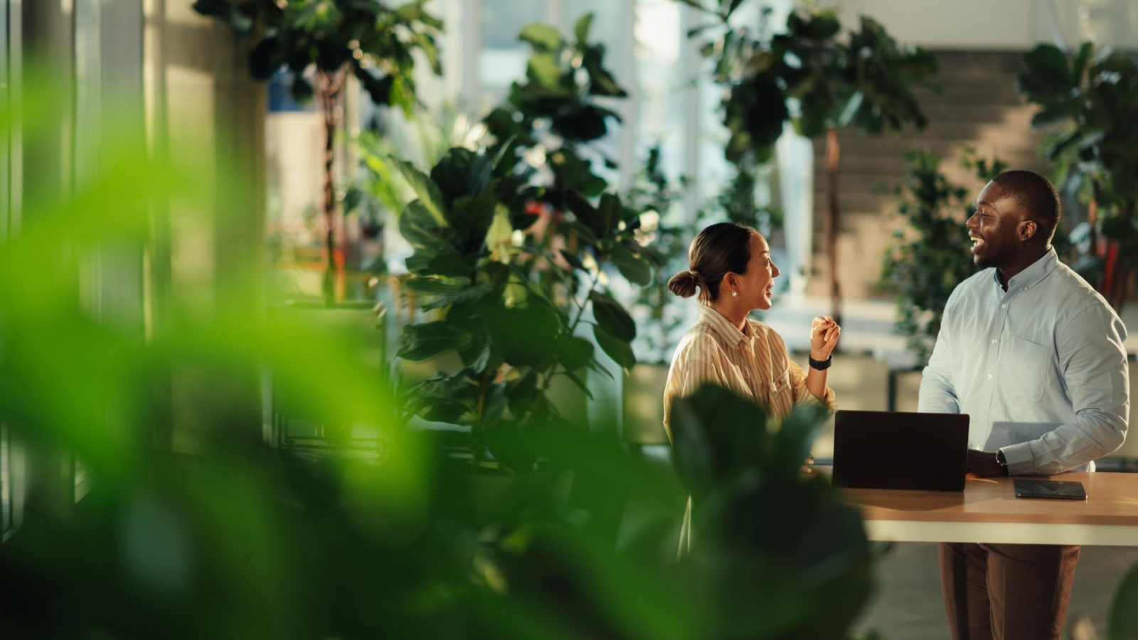 Two business colleagues are discussing work in a modern office filled with plants, fostering a positive and productive environment